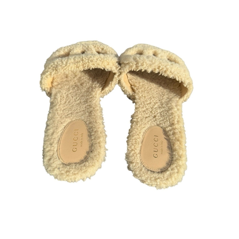 Gucci Interlocking G Fur Sandals Beige Shearling Slides Size EU 39.5 - Picture 5 of 8